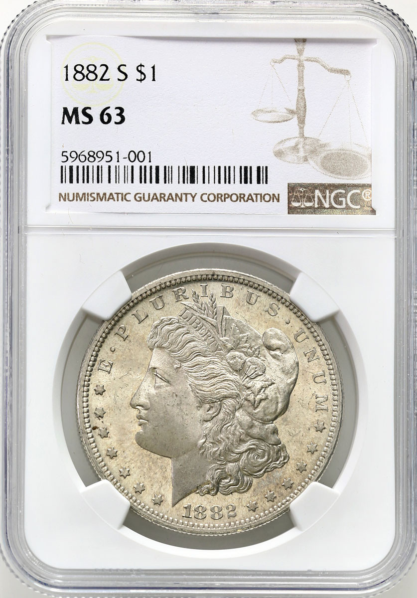 USA. Dolar 1882 S, San Francisco NGC MS63 - PIĘKNY